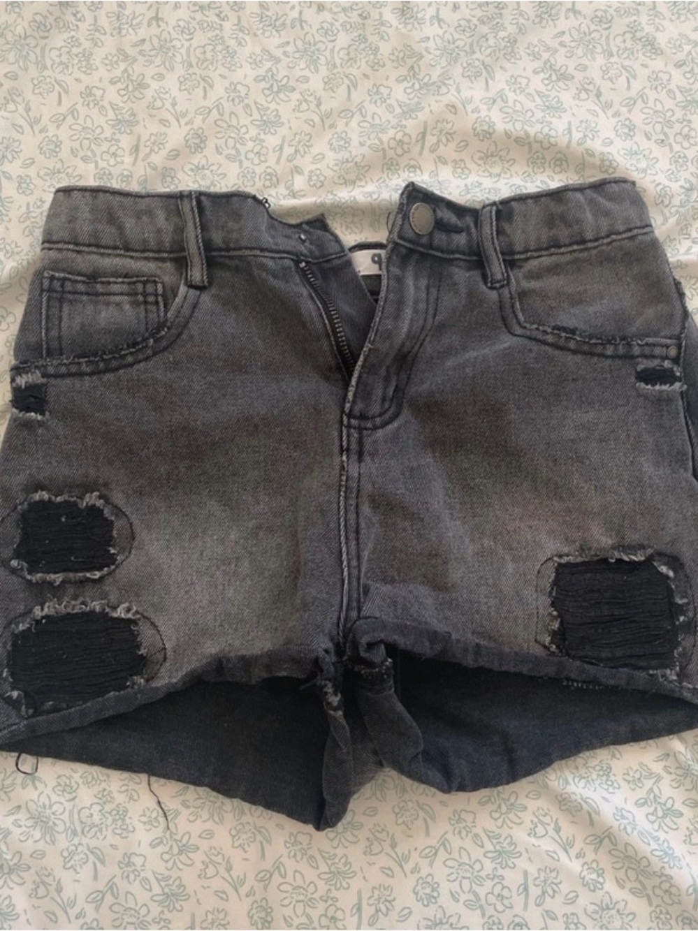 Kids Black-Grey Distressed Denim Shorts